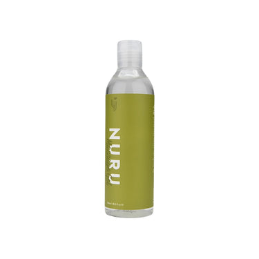 Close-up of Loving Joy Nuru Massage Gel bottle, showcasing its chic green label and hydrating formula for an indulgent massage experience.
